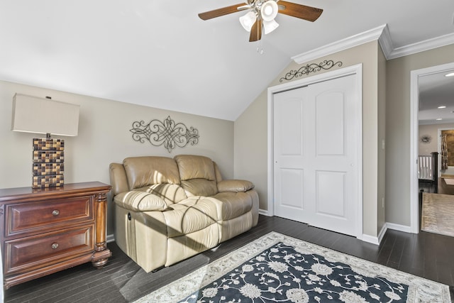 interior space with dark wood-style floors, ornamental molding, and baseboards