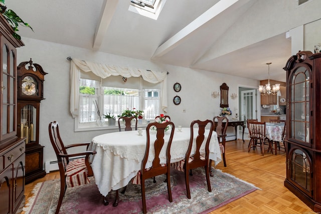 dining room with vaulted ceiling with skylight, visible vents, a chandelier, and baseboard heating