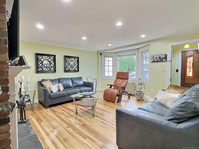 living room with light wood-style flooring, baseboards, and recessed lighting