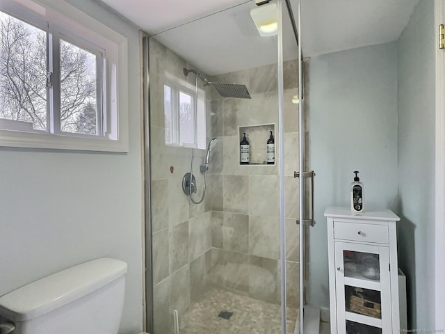 bathroom with toilet and a shower stall