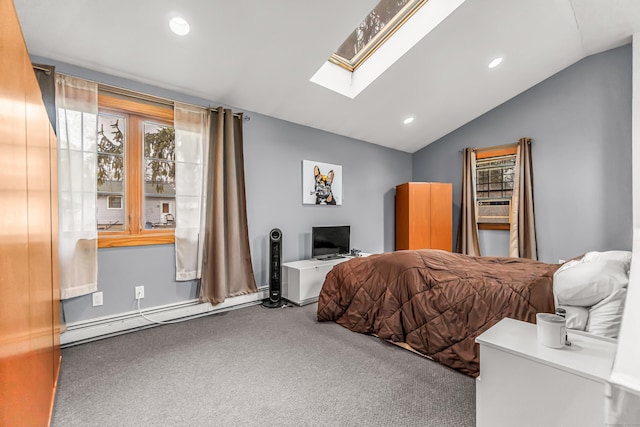 carpeted bedroom featuring vaulted ceiling with skylight, baseboard heating, and recessed lighting