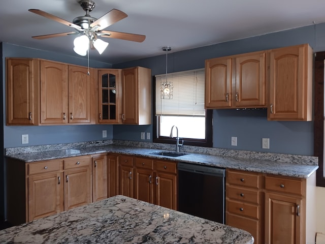 153 Bozrah St, Bozrah, CT 06334 - kitchen with dishwashing machine, light stone counters, ceiling fan, and decorative light fixtures