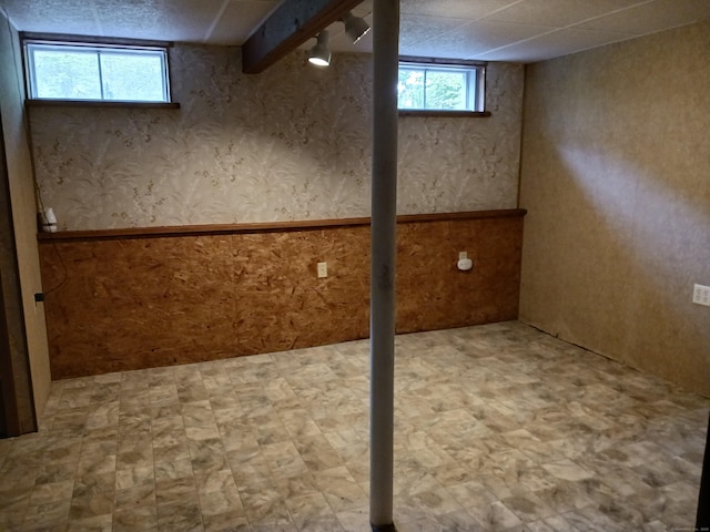 153 Bozrah St, Bozrah, CT 06334 - below grade area featuring tile patterned floors, a wainscoted wall, and wallpapered walls