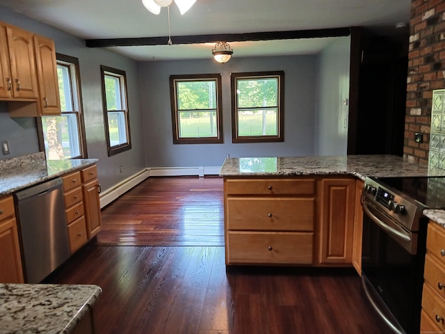 153 Bozrah St, Bozrah, CT 06334 - kitchen with appliances with stainless steel finishes, dark wood-style floors, a baseboard radiator, light stone countertops, and a ceiling fan