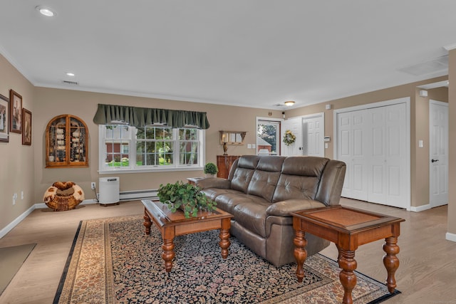 living room featuring a baseboard radiator, recessed lighting, wood finished floors, visible vents, and baseboards