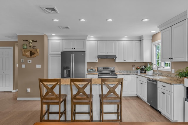 kitchen featuring light wood finished floors, appliances with stainless steel finishes, a sink, and under cabinet range hood