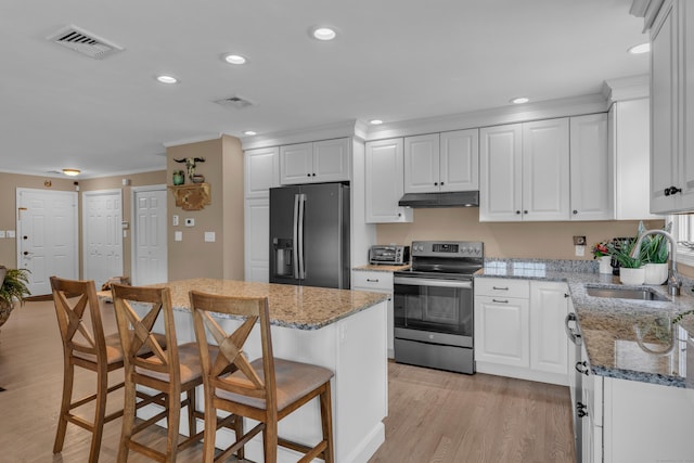 kitchen featuring visible vents, stainless steel appliances, under cabinet range hood, white cabinetry, and a sink