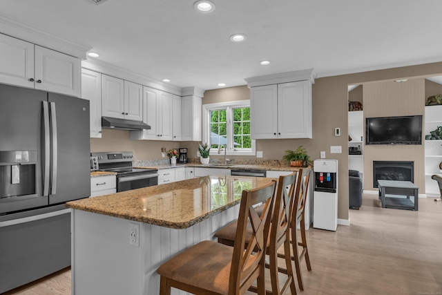 kitchen with light stone countertops, stainless steel appliances, light wood-type flooring, under cabinet range hood, and recessed lighting