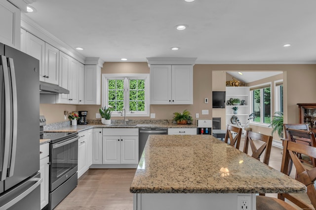 kitchen featuring appliances with stainless steel finishes, plenty of natural light, a sink, and under cabinet range hood