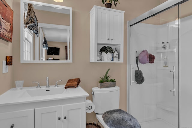 full bathroom featuring a shower stall, toilet, and vanity