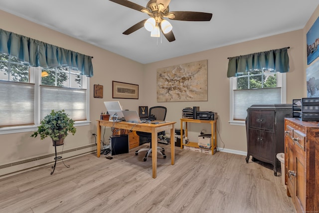 office area with light wood-type flooring, a baseboard radiator, baseboards, and ceiling fan