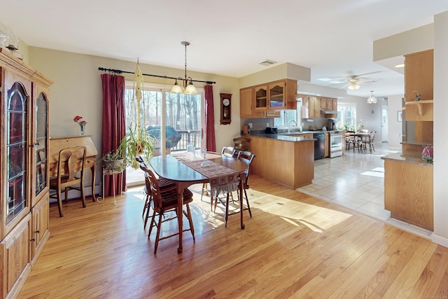 dining room with light wood-style floors, plenty of natural light, visible vents, and a baseboard heating unit