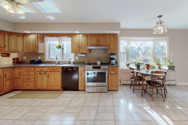 kitchen with electric stove, a baseboard heating unit, a sink, dishwasher, and under cabinet range hood