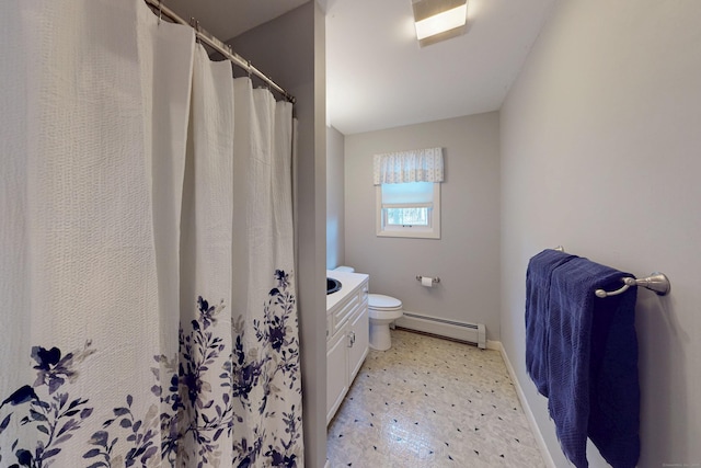 full bath with baseboards, toilet, a baseboard radiator, tile patterned floors, and vanity