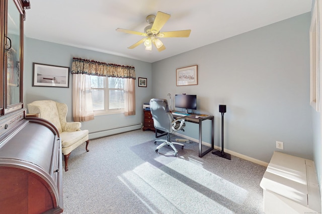 carpeted office with a baseboard radiator, ceiling fan, and baseboards