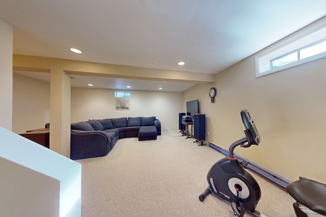 exercise area with carpet floors, plenty of natural light, and recessed lighting