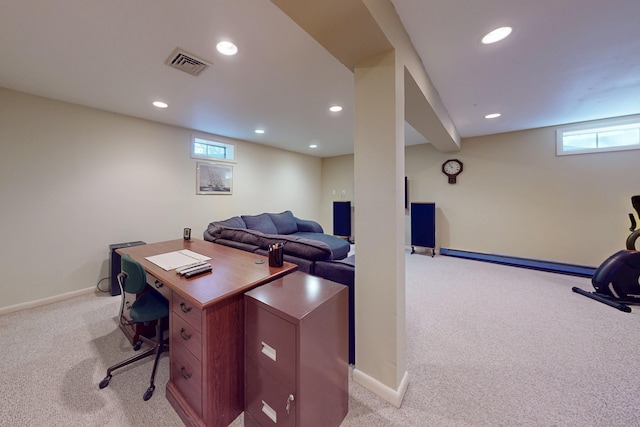 office space featuring light colored carpet, visible vents, baseboards, and recessed lighting