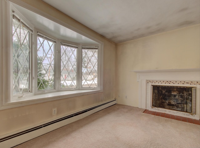 unfurnished living room featuring a baseboard heating unit, a fireplace, and carpet flooring