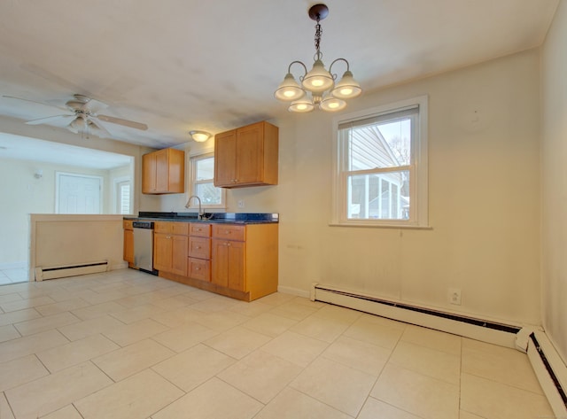 kitchen with a baseboard heating unit, dark countertops, dishwasher, and baseboard heating