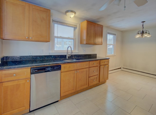 kitchen featuring a ceiling fan, dark stone countertops, stainless steel dishwasher, pendant lighting, and a sink