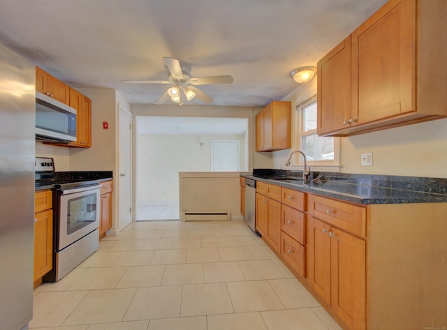 kitchen featuring baseboard heating, appliances with stainless steel finishes, a sink, ceiling fan, and dark stone counters