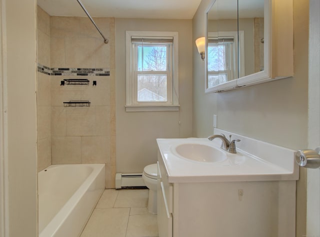 full bathroom featuring a baseboard radiator, bathtub / shower combination, tile patterned flooring, toilet, and vanity