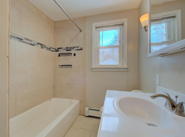 full bath featuring shower / bathing tub combination, baseboard heating, toilet, vanity, and tile patterned flooring