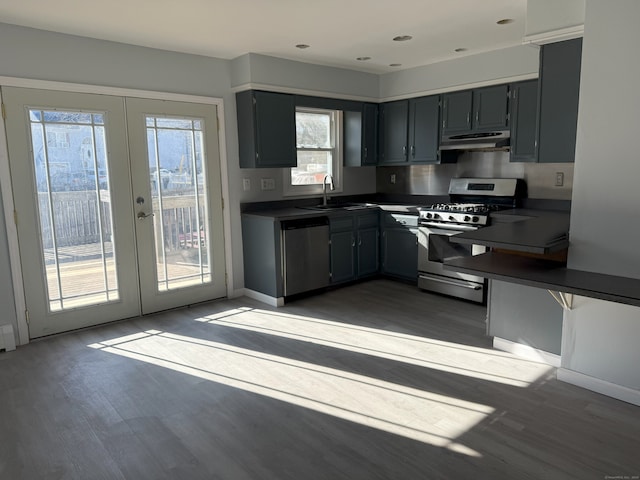 kitchen featuring under cabinet range hood, a sink, french doors, appliances with stainless steel finishes, and dark countertops