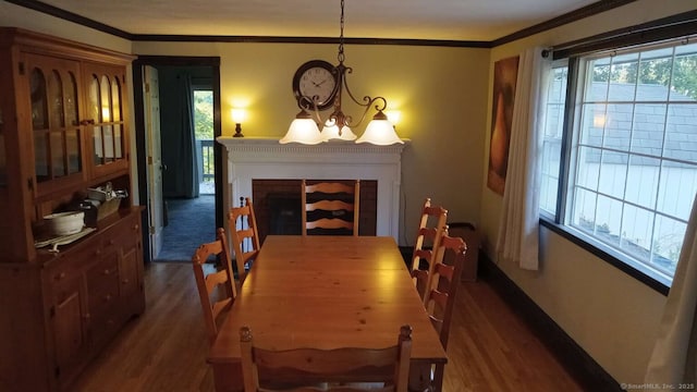 dining area with ornamental molding, a healthy amount of sunlight, a notable chandelier, and wood finished floors