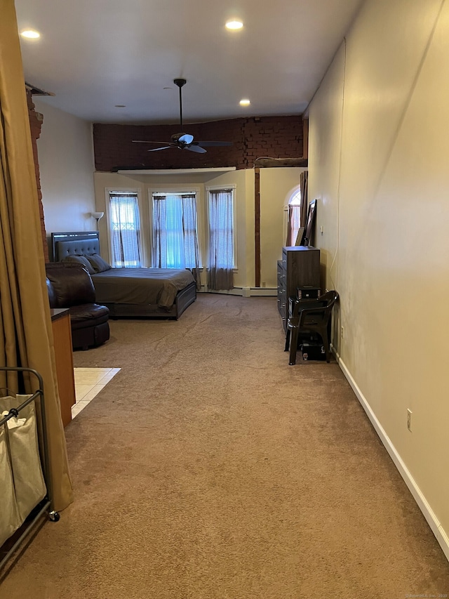 living room with recessed lighting, carpet flooring, ceiling fan, and baseboards