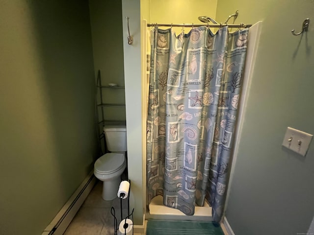 full bathroom with a shower with curtain, toilet, a baseboard heating unit, tile patterned flooring, and baseboards