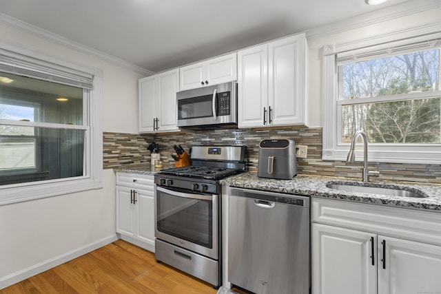 kitchen featuring light wood-type flooring, a sink, backsplash, white cabinetry, and stainless steel appliances