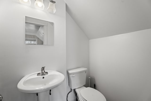 bathroom featuring a sink, lofted ceiling, and toilet