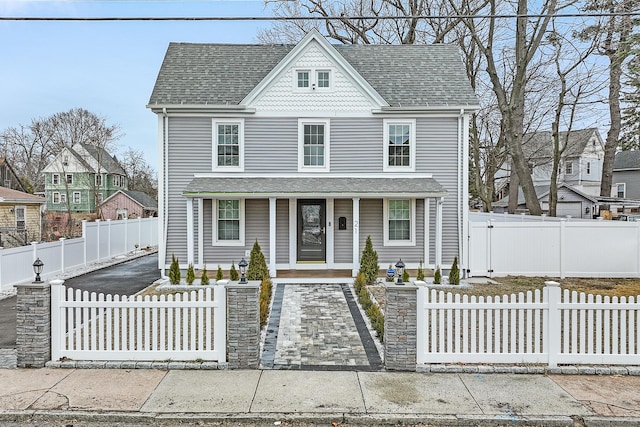 view of front of property featuring a fenced front yard, a gate, a porch, and a shingled roof