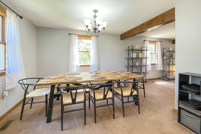 dining area featuring baseboards, visible vents, beam ceiling, light carpet, and a chandelier