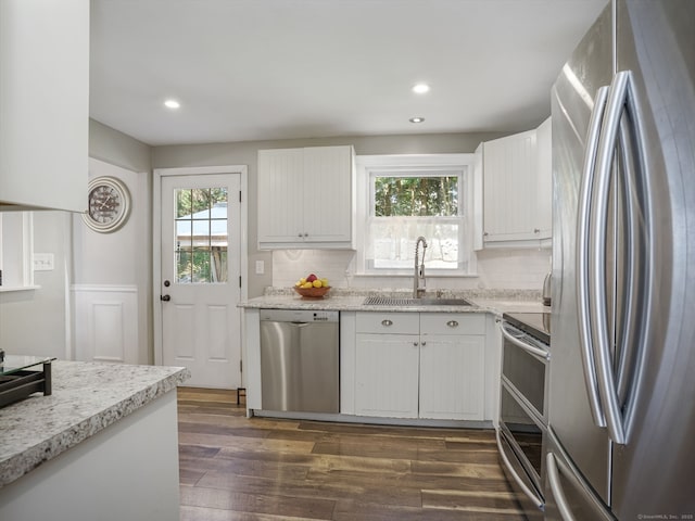 kitchen featuring plenty of natural light, dark wood-style flooring, stainless steel appliances, and a sink