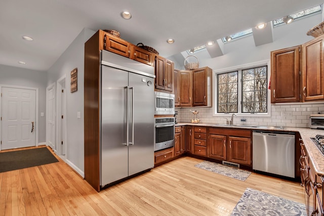 kitchen with a sink, built in appliances, backsplash, and light wood finished floors