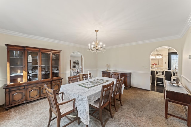 dining room featuring arched walkways, light colored carpet, and an inviting chandelier