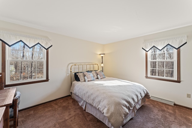 bedroom featuring carpet floors, baseboards, and a baseboard radiator