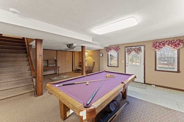 rec room with billiards, baseboards, and a textured ceiling