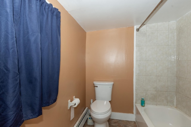 full bath featuring baseboards, shower / bathtub combination, tile patterned floors, toilet, and baseboard heating