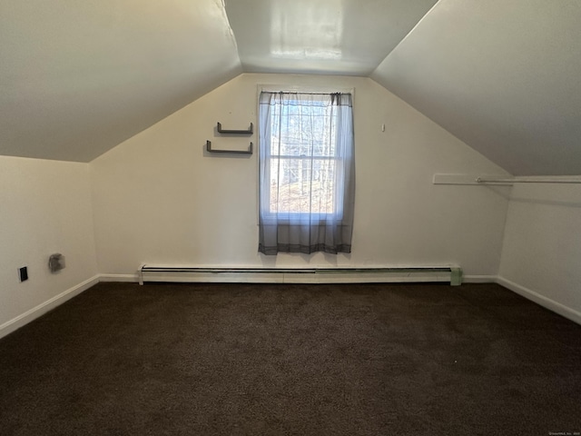 bonus room featuring carpet flooring, baseboards, lofted ceiling, and a baseboard radiator