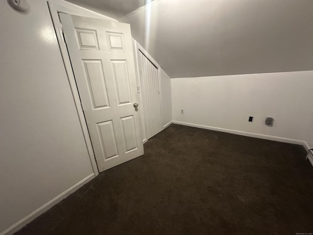 additional living space with dark colored carpet, baseboards, and lofted ceiling