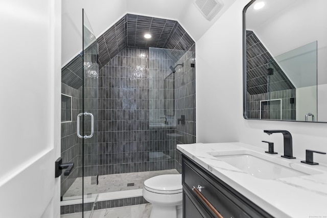 bathroom with a stall shower, visible vents, toilet, marble finish floor, and vanity