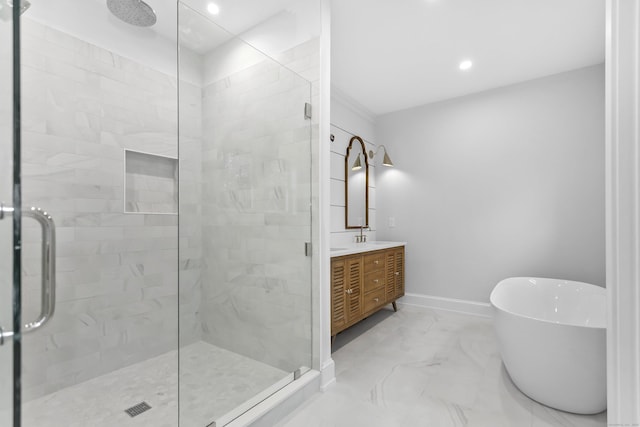 full bath featuring marble finish floor, baseboards, and a stall shower