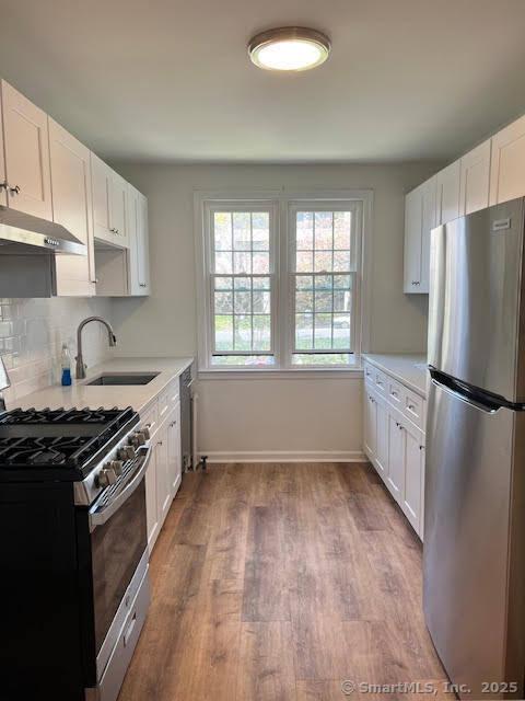 kitchen with light countertops, appliances with stainless steel finishes, a sink, and under cabinet range hood