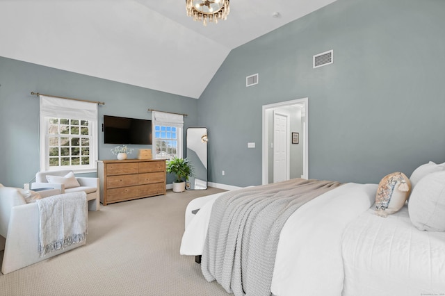 bedroom featuring high vaulted ceiling, baseboards, visible vents, and carpet flooring