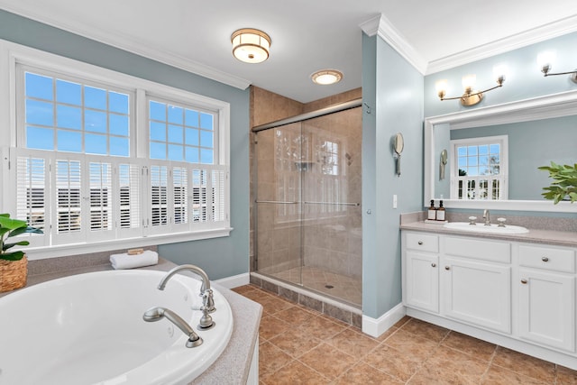 full bath featuring a bath, ornamental molding, a shower stall, and a wealth of natural light