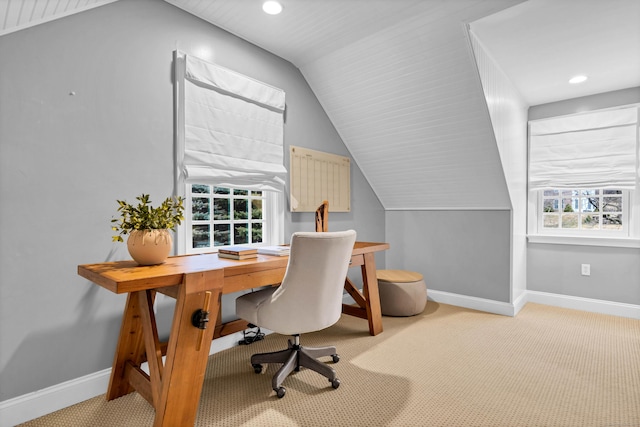 office featuring recessed lighting, light carpet, vaulted ceiling, and baseboards