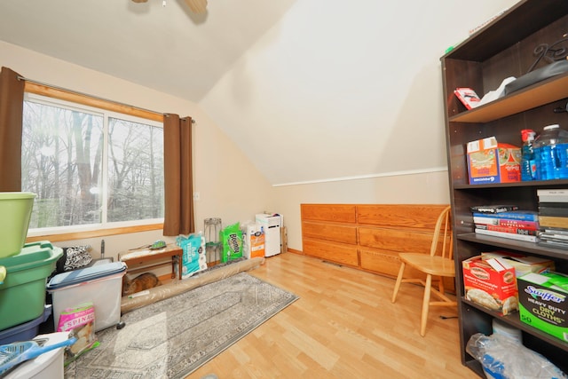 recreation room with lofted ceiling and wood finished floors